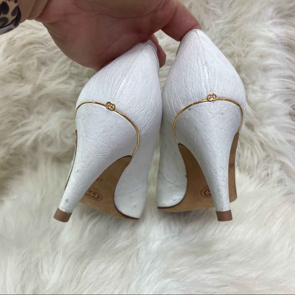 Gucci White Pointed Toe Leather Pumps with Gold Heel Accent - Picture 8 of 12